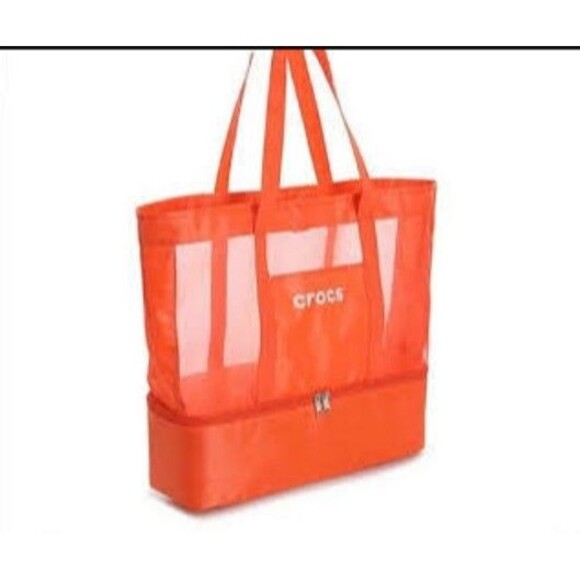 Crocs Orange Mesh Tote Bag Large Beach Pool Carryall Lightweight cooler zip base - Picture 1 of 3